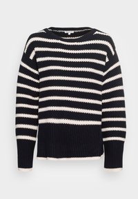 Marinblå och krämrandig tröja i stickad tyg, med rund halsringning och vida ärmar, samt ribbad nederkant och ärmslut.