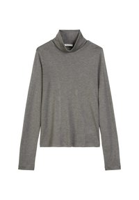 Grauer Langarm-Turtleneck mit lässiger Passform. Weicher Stoff, minimalistisches Design und ein gemütlicher Turtleneck-Kragen. Keine Muster oder Akzente.