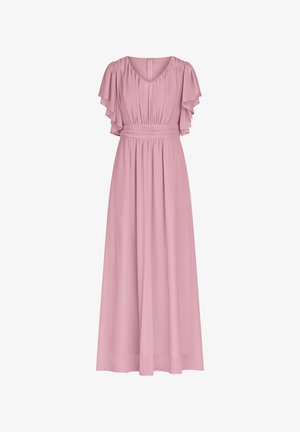 Długa, zwiewna różowa sukienka z krótkimi, falbaniastymi rękawami. Posiada marszczoną talię i subtelną dekolt w kształcie litery V, wykonana z lekkiego materiału.