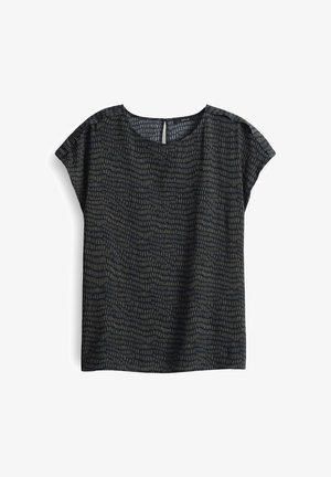 Blouse à motifs sombres avec un encolure ronde, des manches courtes et une texture subtile présentant un design abstrait dans des nuances de vert et de gris.