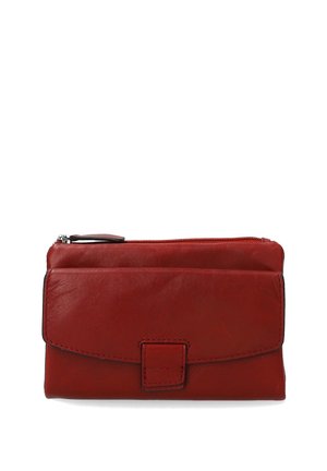 Red leather wallet with a flap closure, zippered pocket, and stitched detailing. Smooth texture with a sleek, rectangular shape.