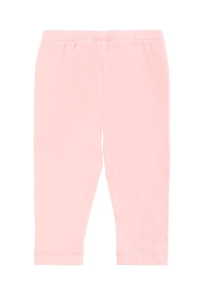 Spodnie wykonane z miękkiej bawełnianej tkaniny, z elastycznym pasem w jasnoróżowym kolorze. Posiadają proste nogawki i gładką teksturę.
