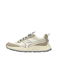 Sneakers sznurowane w kremowym i taupe z teksturowaną cholewką i marmurkową podeszwą pośrednią, z zaokrąglonym noskiem i kontrastowymi akcentami.