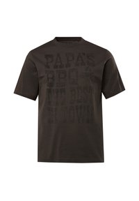 Dunkelbraunes T-Shirt mit kurzen Ärmeln und einem gerippten Rundhalsausschnitt. Mit großem, fettem schwarzem Text: "PAPA'S BBQ THE BEST IN TOWN."