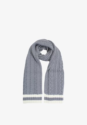 Sciarpa grigia lavorata a maglia con motivi a treccia e a coste, dotata di un orlo spesso a strisce bianche e grigie. Texture morbida, forma rettangolare lunga.