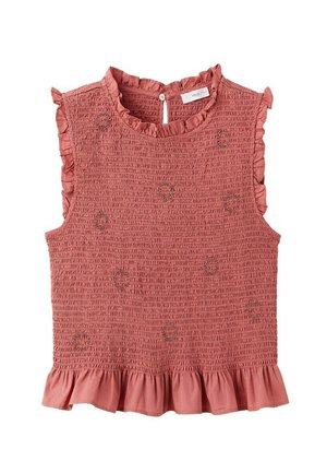 Top smock senza maniche color corallo rosa con bordi arricciati, piccolo ricamo floreale e chiusura posteriore con anello e bottone.