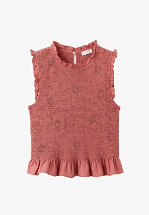 Top coral roz fără mâneci, cu elastic smock, margini cu volane, broderie florală mică și închidere cu buclă și nasture la spate.