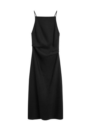 Robe midi noire sans manches avec fines bretelles et corsage légèrement drapé sur fond blanc uni.