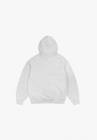 Helles graues Kapuzensweatshirt mit einer weichen Textur, gerippten Bündchen und Saum. Hat eine abgerundete Kapuze und Seitennähte. Rückansicht nur.