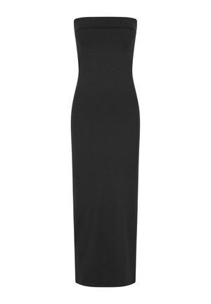 Abito midi nero senza spalline con un design aderente, texture liscia e scollatura dritta, che si estende fino all'orlo a pavimento.