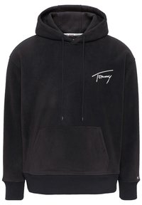Svart hoodie i mjuk fleece, med framficka, dragsko i huvan och vit broderad "Tommy"-logotyp.