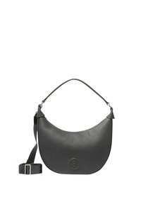 Černá kožená kabelka přes rameno s zak�řiveným tvarem, plochým horním úchytem, nastavitelným popruhem a zdobená raženým logem.