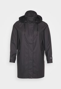 Black waterproof raincoat with a hood, featuring snap buttons and side pockets, displayed against a white background.