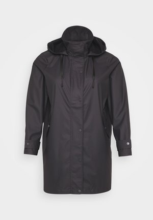 Black waterproof raincoat with a hood, featuring snap buttons and side pockets, displayed against a white background.