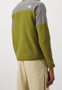 Pullover in pile verde con spalle grigie, colletto alto e logo sulla schiena. Caratterizzato da una texture morbida e un design aderente.