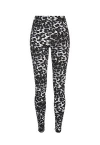 Svarta leggings med ett leopardmönster i grå nyanser, med en slät textur och hög midja.