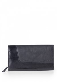 Marineblauwe leren portemonnee met een gladde textuur, een diagonaal klepdesign, gestikte accenten en een ritssluiting aan de zijkant voor een veilige sluiting.