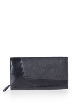 Navy leather wallet with a smooth texture, a diagonal flap design, stitched accents, and a zipper pull on one side for secure closure.