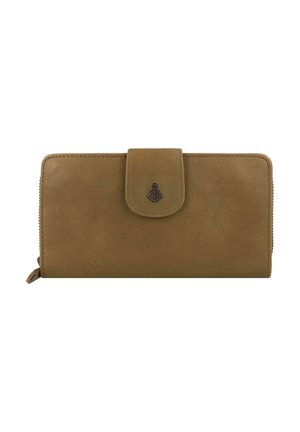 Portafoglio in pelle marrone con una texture liscia, un clasp anteriore e un piccolo emblema a forma di ancora. Presenta una chiusura con zip lungo un lato.