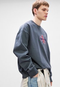 Sweatshirt cinza com um decote redondo, apresentando um logótipo bordado colorido. O tecido é suave e ligeiramente texturizado, com punhos canelados.