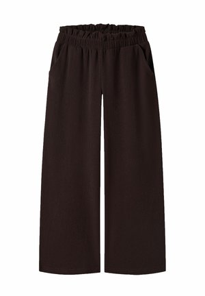 Pantalon noir ample à jambes larges avec ceinture élastique et poches latérales sur fond blanc uni.