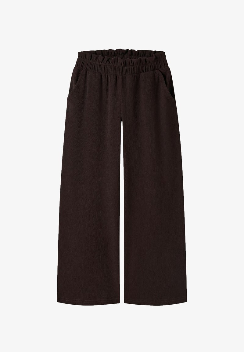 Pantalon noir ample à jambes larges avec ceinture élastique et poches latérales sur fond blanc uni.