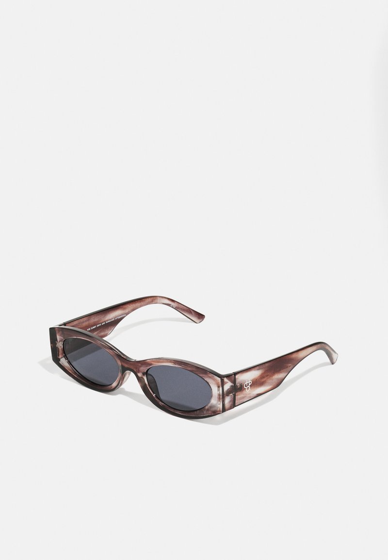 Rectangle-shaped sunglasses with a dark brown marbled frame, tinted lenses, and subtle branding on the temple.