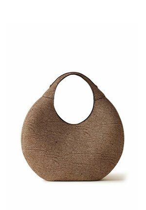 Borsa rotonda marrone con texture, con una singola maniglia integrata, bordi lisci e curvi, senza parti metalliche o decorazioni visibili.