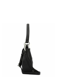 Borsa in pelle nera con un design strutturato, dotata di manico superiore, tracolla regolabile e dettagli in metallo color argento.