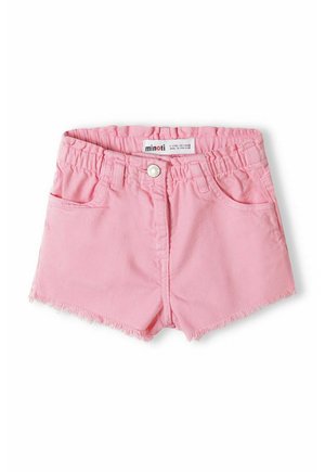 Rosa denimshorts til småbørn med elastisk talje, forlommer, knaplukning og frynsede kanter.