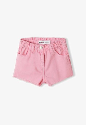 Rosa denimshorts til småbørn med elastisk talje, forlommer, knaplukning og frynsede kanter.