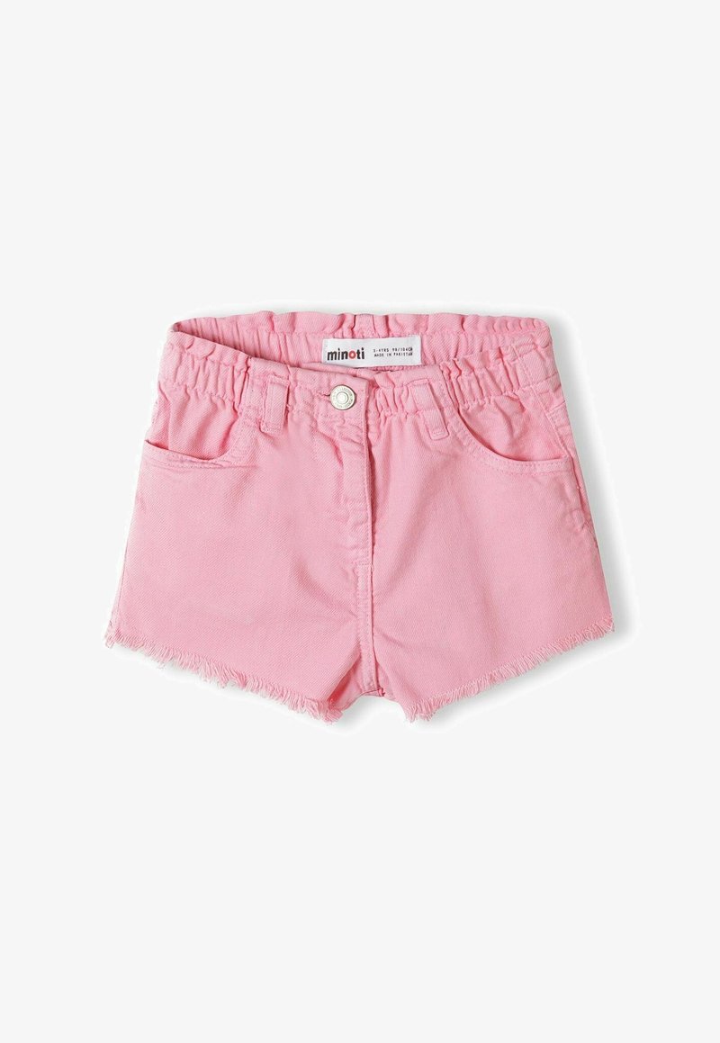 Short en jean rose à taille élastique pour tout-petits avec poches avant, fermeture par bouton et ourlets effilochés.