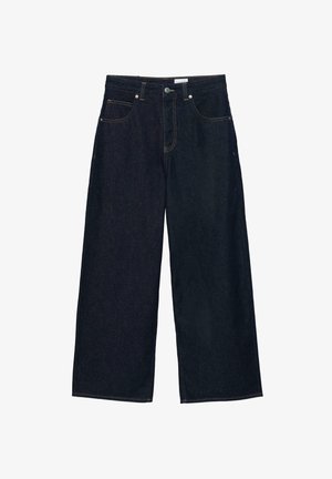 Tmavě modré džíny s širokými nohavicemi a vysokým pasem, s pěti kapsami, kontrastním prošíváním a knoflíkovým zapínáním vpředu.