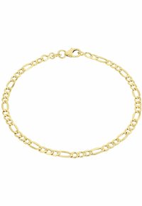 Pulsera de cadena de oro que presenta eslabones alargados con un acabado brillante y un cierre de langosta. Textura suave, diseño sencillo.