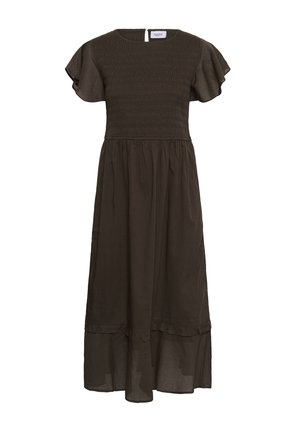 Tmavohnedé midi šaty s naškrobeným živôtikom, zvonovými rukávmi a volánikovým lemom. Ľahká, priedušná látka so zapínaním na gombíky na chrbte.