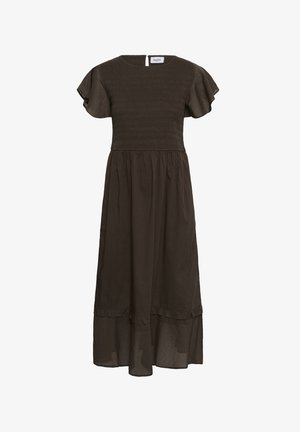 Tmavohnedé midi šaty s naškrobeným živôtikom, zvonovými rukávmi a volánikovým lemom. Ľahká, priedušná látka so zapínaním na gombíky na chrbte.