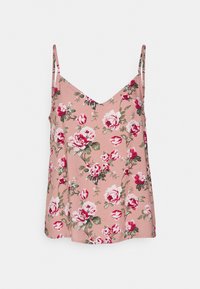 Camisola floral com alças finas, apresenta um fundo rosa adornado com grandes rosas brancas e vermelhas, feita de tecido leve.