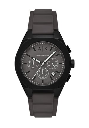 Czarny i szary zegarek na rękę Armani Exchange z tarczami chronografu, wyświetlaczem daty na godzinie 4 oraz czarnym silikonowym paskiem.