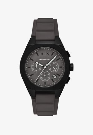 Zwart en grijs Armani Exchange polshorloge met chronograafwijzers, datumaanduiding op 4 uur en zwarte siliconen band.