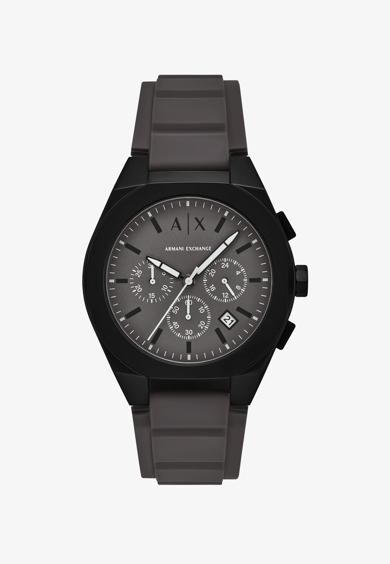 Schwarze und graue Armani Exchange Armbanduhr mit Chronographen-Zifferblättern, Datumsanzeige bei 4 Uhr und schwarzem Silikonarmband.
