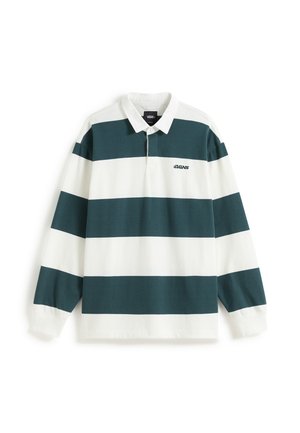 Langärmeliges Rugby-Shirt mit grünen und weißen horizontalen Streifen, weißem Kragen, Knopfleiste und kleinem Vans-Logo auf der Brust.