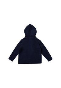 Kapuzensweatshirt, dunkelmarineblau, gestrickte Textur, lange Ärmel, schlichtes Design mit glatter Oberfläche und runder Kapuze.