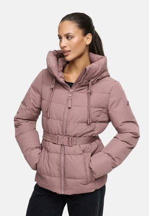 Pink, padded winter jacket with a high collar, adjustable hood, belted waist, and zippered pockets, featuring a quilted design and smooth texture.