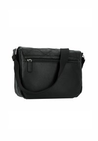 Borsa a tracolla in pelle nera con design trapuntato, tasca frontale con zip e tracolla regolabile. Texture liscia e forma rettangolare elegante.