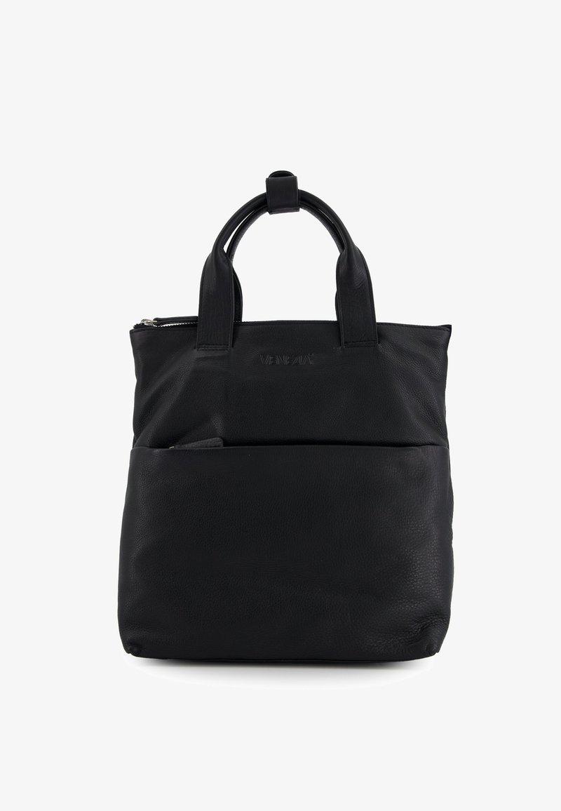 Sort læder tote bag med to hænder, lynlås lomme på forsiden og præget "VENEZIA" logo i øverste center.