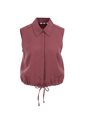 Blouse bordeaux sans manches avec col pointu, boutons cachés sur le devant et cordon réglable à l'ourlet, présentée sur fond blanc.