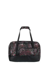 Black duffel bag with floral pattern in red and white, featuring two handles and a zippered compartment, made from durable fabric.