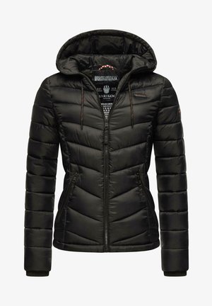 Veste matelassée noire à capuche avec fermeture éclair à l'avant, poches latérales zippées et cordons ajustables sur la capuche.