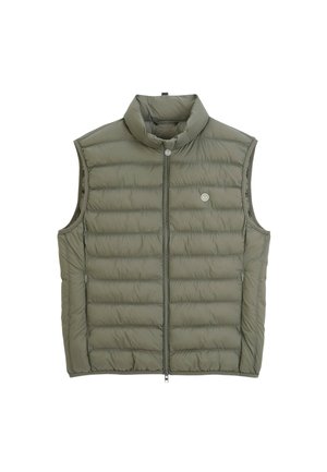 Mouwloos olijfgroen gewatteerd vest met ritssluiting aan de voorkant, opstaande kraag, ritssluitingen aan de zijkanten en klein rond logo op de borst.