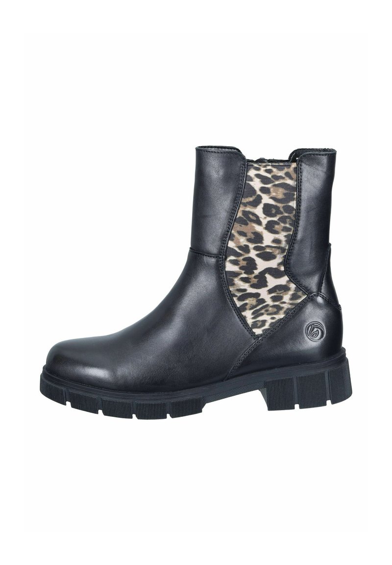 Schwarze Lederstiefelette mit einem elastischen Seitenpanel im Leopardenmuster, runder Zehenpartie und dicker Gummisohle für besseren Halt.